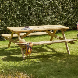 Cerland Romane 6 Seater Wooden Picnic Table with 2 Foldable Benches - Tan - Wilko - thumbnail 1