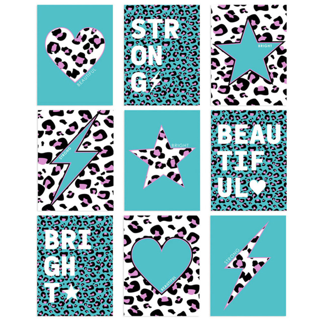 Wee Blue Coo Turquoise Purple Leopard Pattern Heart Lightning Star Wall Art Print 30 x 41cm 9 Pack - Size: 40.5 x 30.5 x 0.3cm - Wilko - image 1