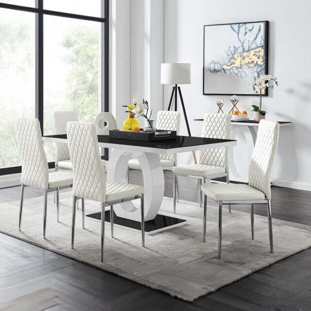 Furniturebox Lucia Valera 6 Seater Dining Set Black Gloss White and Chrome - Wilko - image 1