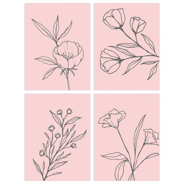 Wee Blue Coo Black and Pastel Wildflower Outline Wall Art Print 30 x 41cm 4 Pack - Size: 40.5 x 30.5 x 0.3cm - Pink - Wilko - image 1
