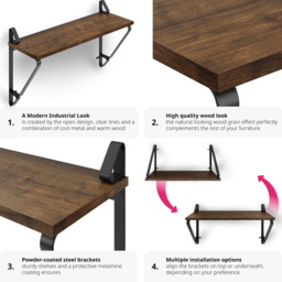 tectake Irvine Dark Wood Wall Shelf Set of 2 - Size: 33.5 x 20 x 60cm - Brown - Wilko - thumbnail 6