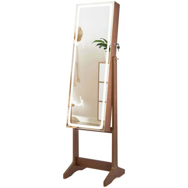 Costway 2 Drawer Walnut LED Light Standing Jewellery Cabinet - Size: 41 x 38.5 x 151cm - Brown - Wilko - image 1
