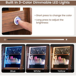 Costway 2 Drawer Walnut LED Light Standing Jewellery Cabinet - Size: 41 x 38.5 x 151cm - Brown - Wilko - thumbnail 7