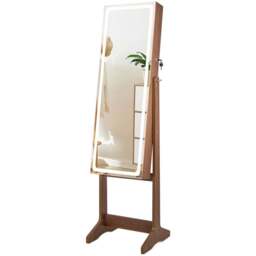 Costway 2 Drawer Walnut LED Light Standing Jewellery Cabinet - Size: 41 x 38.5 x 151cm - Brown - Wilko