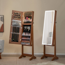 Costway 2 Drawer Walnut LED Light Standing Jewellery Cabinet - Size: 41 x 38.5 x 151cm - Brown - Wilko - thumbnail 3