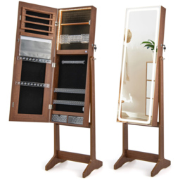 Costway 2 Drawer Walnut LED Light Standing Jewellery Cabinet - Size: 41 x 38.5 x 151cm - Brown - Wilko - thumbnail 4
