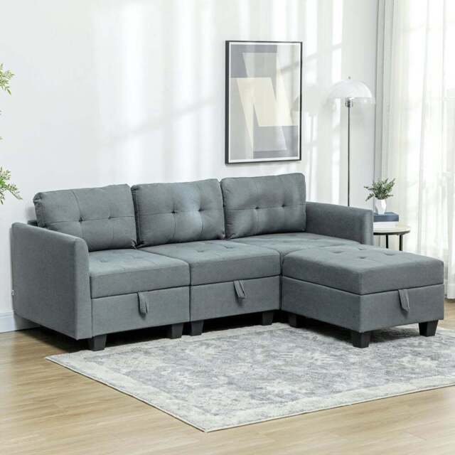 HOMCOM 3 Seater Grey Modular L Shaped Sofa with Storage - Wilko - image 1