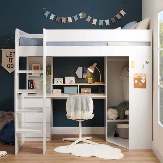 Flair Harper Single High Sleeper Bed with Desk Wardrobe and Storage - White - Wilko - image 1
