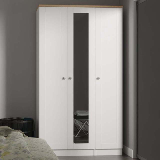 Crowndale Sussex 3 Door White Ash and Bardolino Oak Tall Mirror Wardrobe Ready Assembled - White Ash & Bardolino Oak - Wilko - image 1
