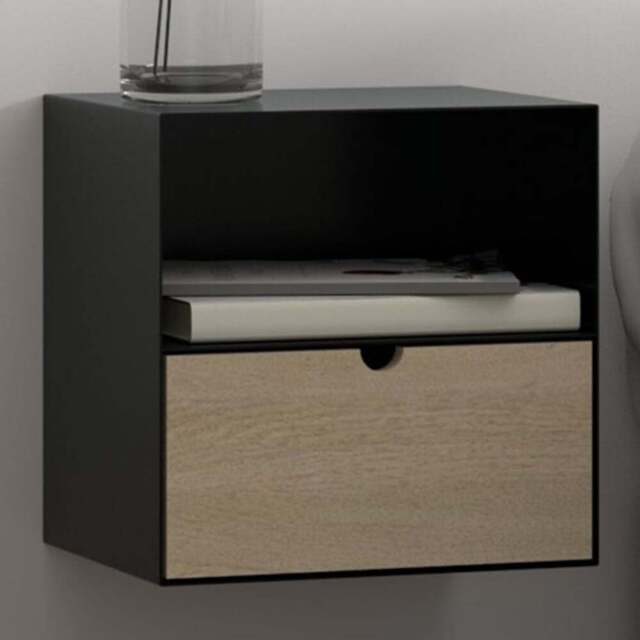 Florence Joliet Single Drawer Single Shelf Black and Bamboo Wall Mounted Bedside Table - Furniture To Go - Wilko - image 1