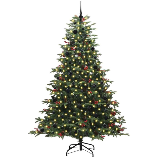 vidaXL Pre-Lit Warm White LED and Black Baubles Green Artificial Christmas Tree with Stand 7.8ft - Wilko - image 1
