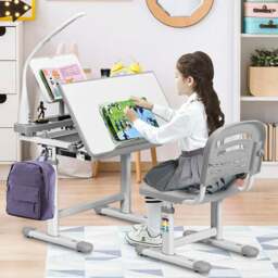 Costway Grey Height Adjustable Kids Desk and Chair Set with Lamp - Size: 74 x 58 x 26cm - Wilko
