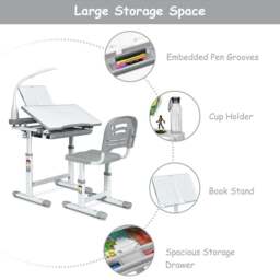 Costway Grey Height Adjustable Kids Desk and Chair Set with Lamp - Size: 74 x 58 x 26cm - Wilko - thumbnail 7