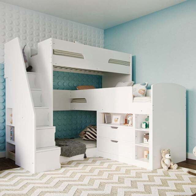 Flair Oscar Triple Sleeper White Staircase Bunk Bed - Size: Single - Wilko - image 1