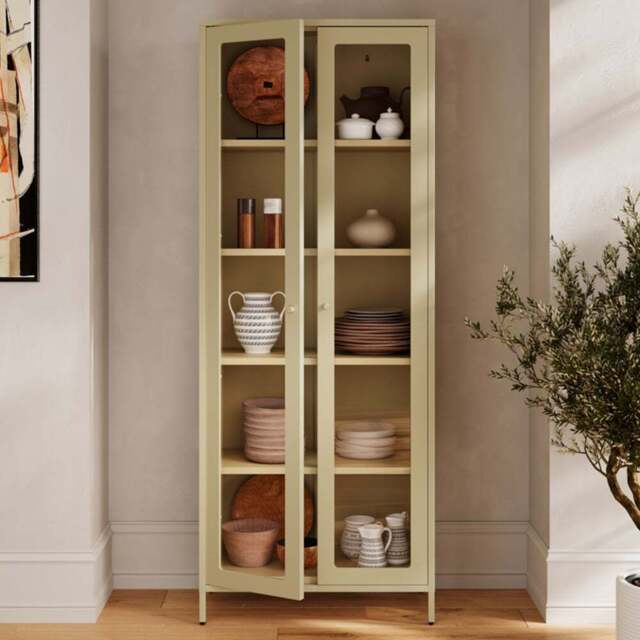 LPD Home Mase 2 Door Beige Glass Display Cabinet - Size: 180 x 70 x 35cm - Cream - Wilko - image 1