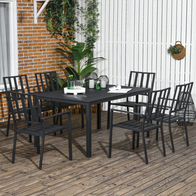 Outsunny Metal 6 Seater Garden Dining Set with Umbrella Hole Black - Wilko - image 1