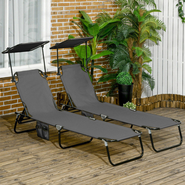 Outsunny Set of 2 Dark Grey Adjustable Folding Sun Lounger with Sunshade Roof - Size: 28 x 56 x 190cm - Wilko - image 1