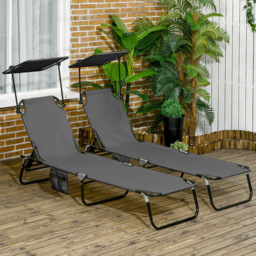 Outsunny Set of 2 Dark Grey Adjustable Folding Sun Lounger with Sunshade Roof - Size: 28 x 56 x 190cm - Wilko - thumbnail 1