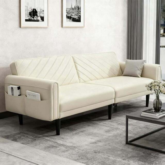Alivio 2-in-1 Single Cream Adjustable Convertible Sofa Bed with Side Pockets - Size: 3 Seater - Wilko - image 1