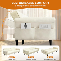 Alivio 2-in-1 Single Cream Adjustable Convertible Sofa Bed with Side Pockets - Size: 3 Seater - Wilko - thumbnail 6