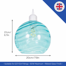 Happy Homewares Designer Teal Circular Ribbed Glass Non Electric Pendant Shade - Size: 18 x 20 x 20cm - Green - Wilko - thumbnail 7