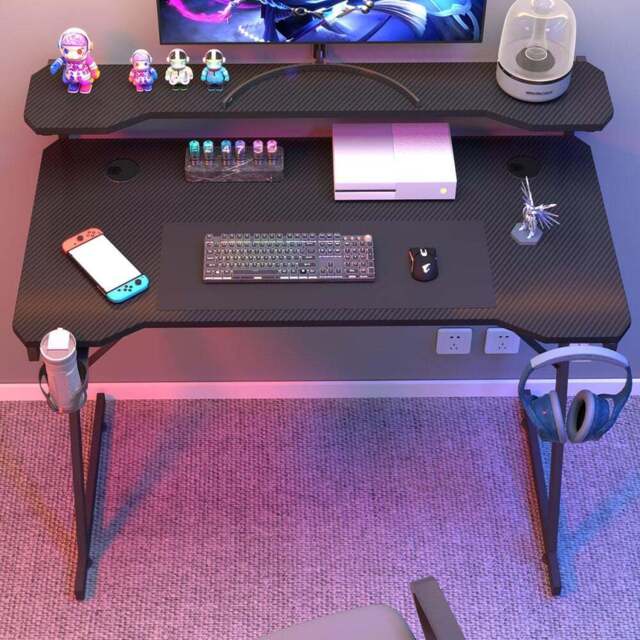 House of Home Carbon Fibre Top Computer Gaming Desk with Monitor Stand Black - Size: 91 x 120 x 60cm - Wilko - image 1