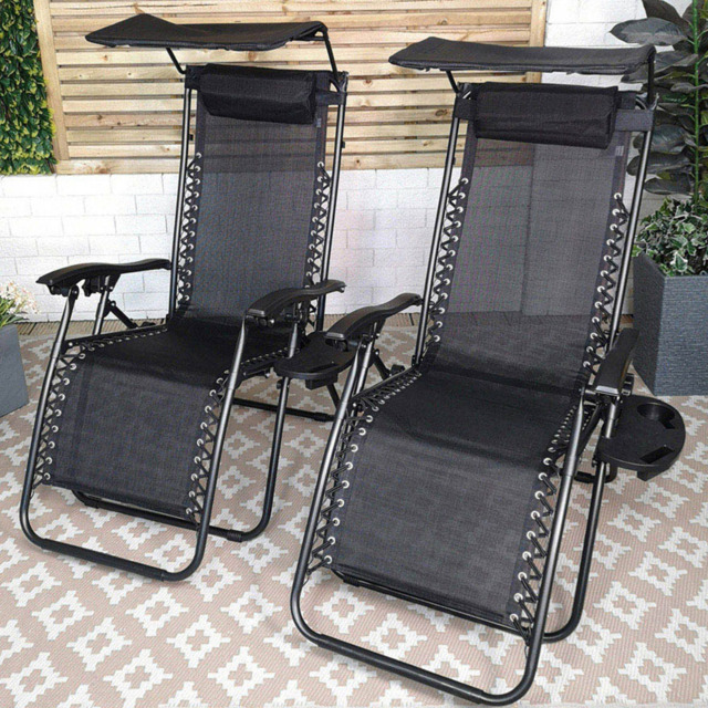 Samuel Alexander Set of 2 Black Multi Position Recliner Sun Lounger with Canopy - Size: 1 Seater - Wilko - image 1