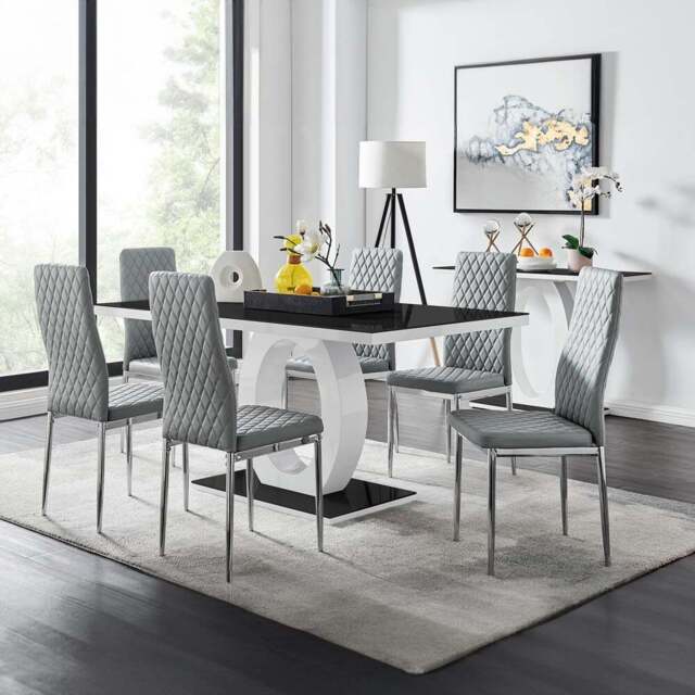 Furniturebox Lucia Valera 6 Seater Dining Set Black Gloss Grey and Chrome - Wilko - image 1