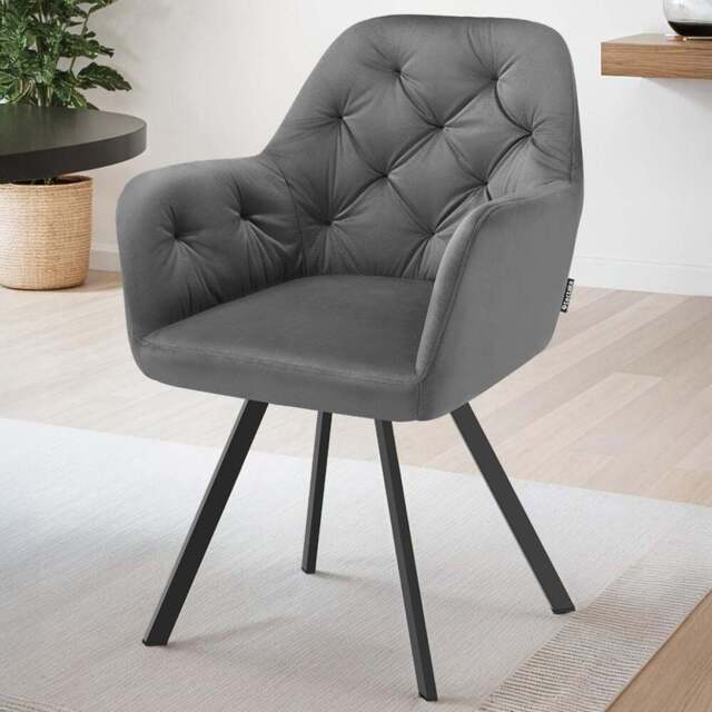 tectake Lucia Set of 6 Anthracite Quilted Pattern Velvet Swivel Armchair - Size: Single - Grey - Wilko - image 1