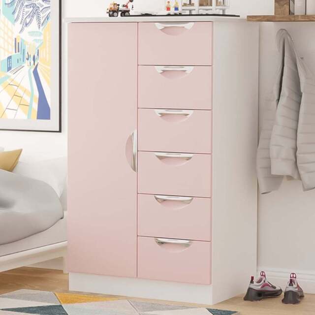Crowndale Camden Single Door 6 Drawer Kobe Pink and White Kids Wardrobe Ready Assembled - Kobe Pink & White - Wilko - image 1