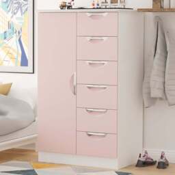 Crowndale Camden Single Door 6 Drawer Kobe Pink and White Kids Wardrobe Ready Assembled - Kobe Pink & White - Wilko