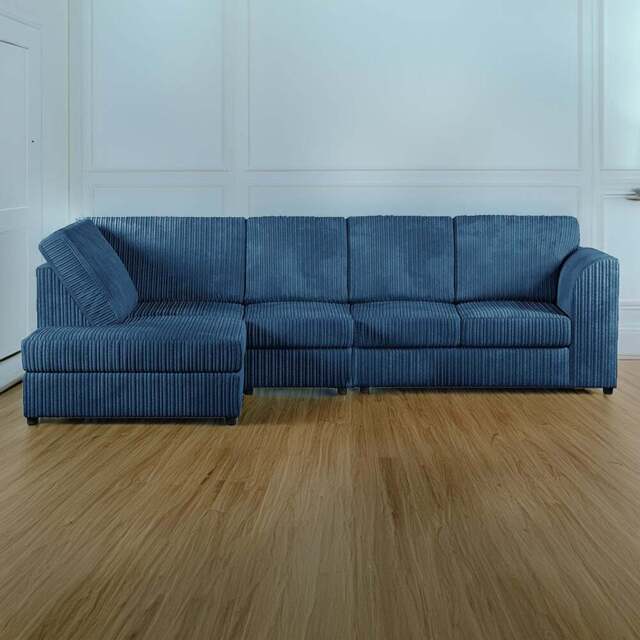 Luxor 4 Seater Marine Blue Jumbo Cord Left Hand Facing Full Back L Shaped Corner Sofa Set - Wilko - image 1