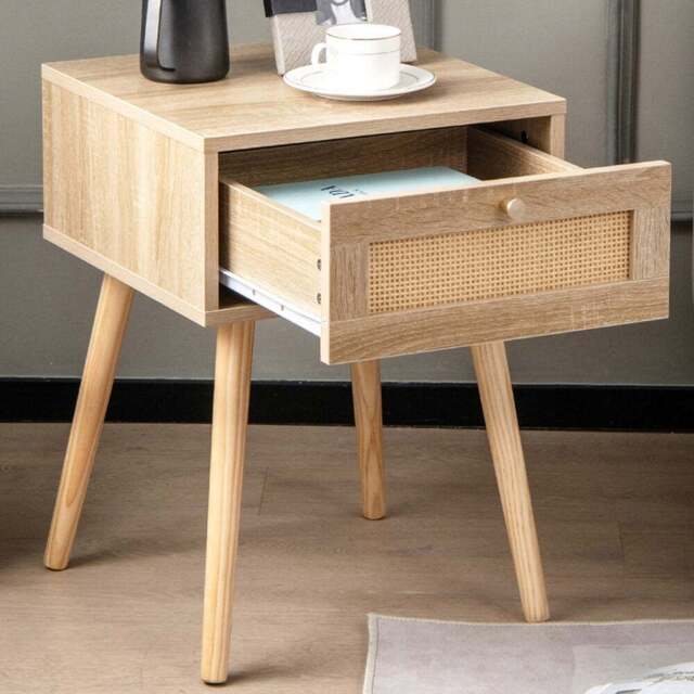 Costway Single Drawer Natural Bedside Table - Cream - Wilko - image 1
