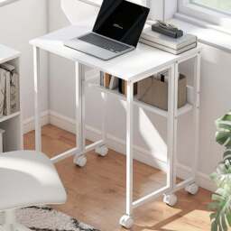 HOMCOM Single Shelf Foldable Computer Desk with Wheels and Side Bag White - Size: 75 x 50 x 63cm - Wilko