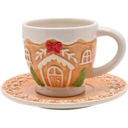 The Seasonal Gift Co. Santa & Friends 2 Piece Ceramic Gingerbread Teacup and Saucer Set - Size: 10.5 x 16.5 x 16.5cm - Brown - Wilko