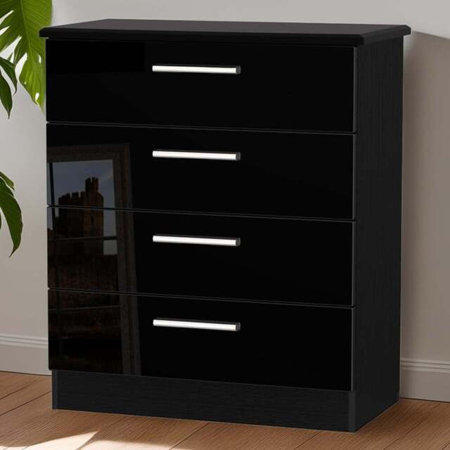 Crowndale Knightsbridge 4 Drawer Black Gloss and Black Chest of Drawers Ready Assembled - Black Gloss & Black - Wilko - image 1