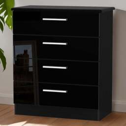 Crowndale Knightsbridge 4 Drawer Black Gloss and Black Chest of Drawers Ready Assembled - Black Gloss & Black - Wilko