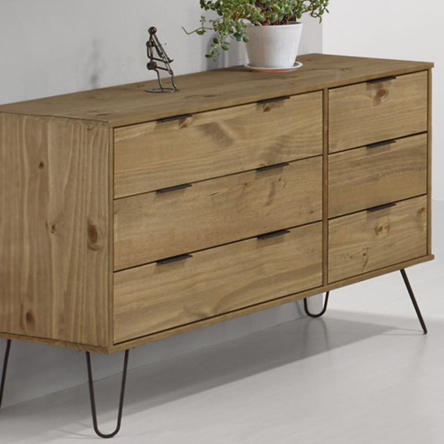 Augusta 6 Drawer Pine Wide Chest of Drawers - Brown - Wilko - image 1