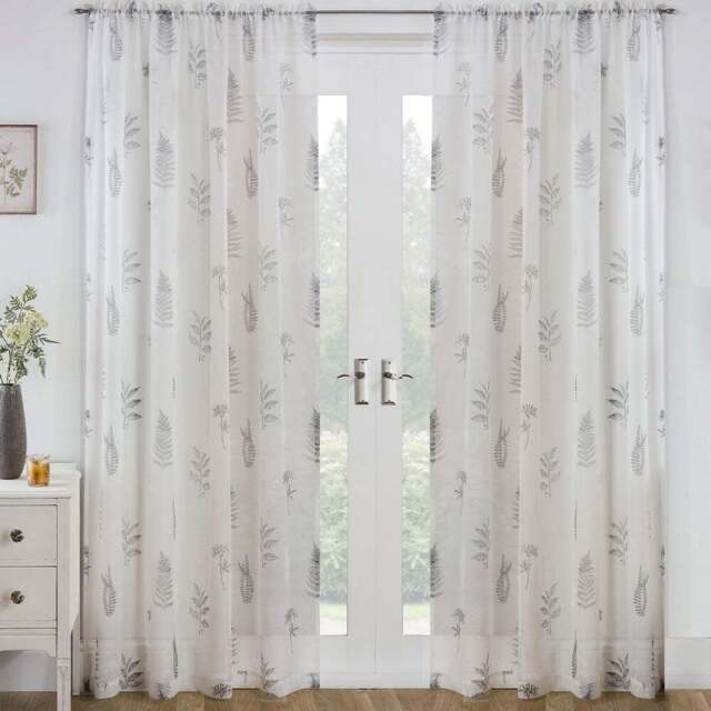 Tyrone Textiles Bracken Grey Wild Leaf Print Rod Pocket Voile Panel Curtains 140 x 183cm - Size: W 140 x D 183cm - Wilko - image 1