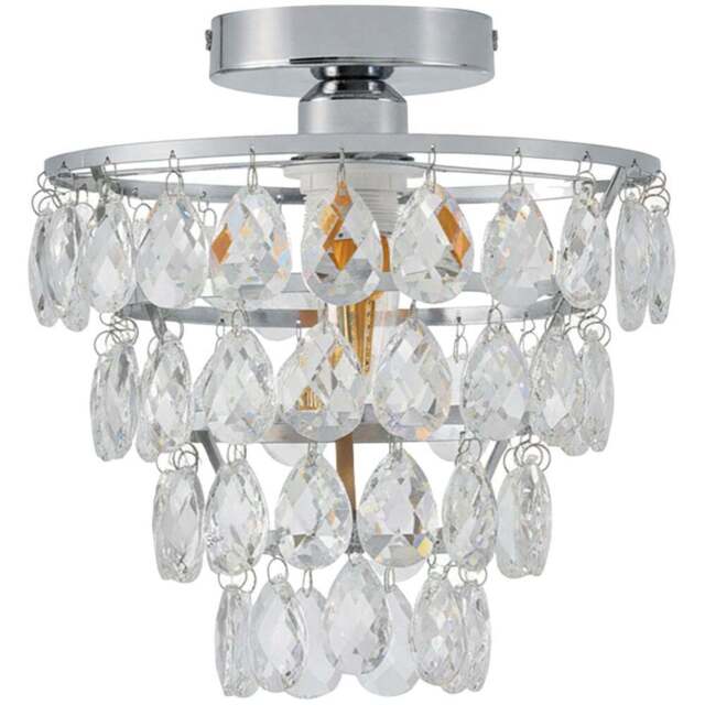 Living and Home Chrome Iron Crystal E27 LED Semi Flush Light - Size: 26 x 24.5 x 24.5cm - Chrome + Clear - Wilko - image 1