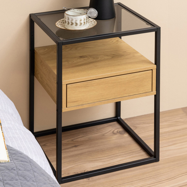 Florence Randolf Single Drawer Single Shelf Black and Oak Smoked Glass Bedside Table - Furniture To Go - Wilko - image 1