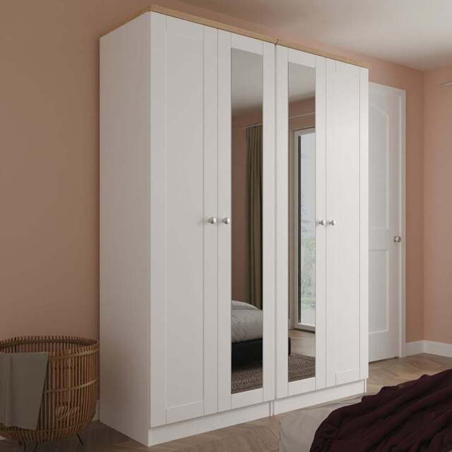 Crowndale Sussex 4 Door White Ash and Bardolino Oak Tall Mirror Wardrobe Ready Assembled - White Ash & Bardolino Oak - Wilko - image 1