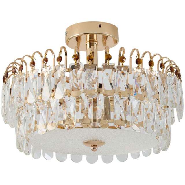 Living and Home Gold Crystal Semi Flush Mount E14 Ceiling Light - Size: 26.5 x 38.5 x 38.5cm - Gold+ Transparent - Wilko - image 1