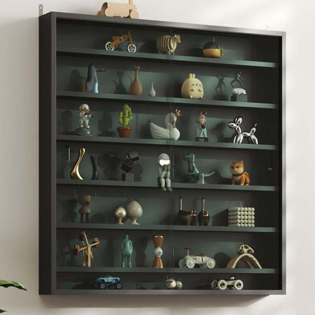 HOMCOM 7-Tier Glass Doors Black Wall Display Cabinet - Size: 83.0 cm x 9.5 cm x 80.0 cmcm - Wilko - image 1