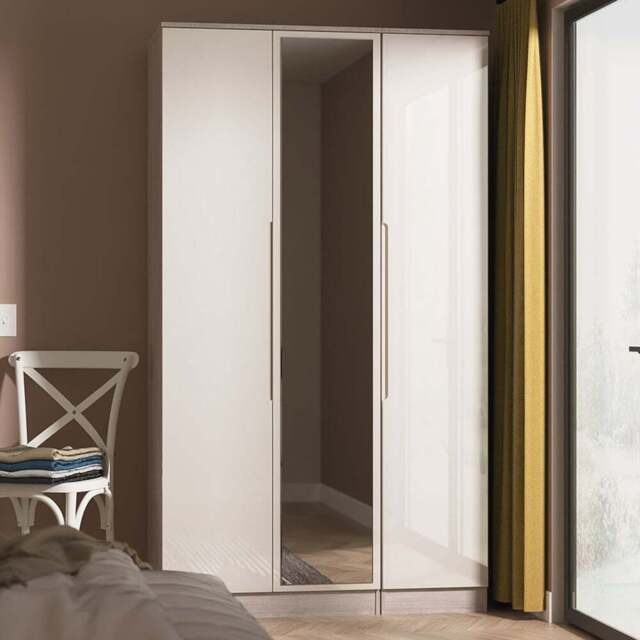 Crowndale Milan 3 Door Kashmir Gloss and Grey Oak Tall Mirrored Wardrobe Ready Assembled - Kashmir Gloss & Grey Oak - Wilko - image 1