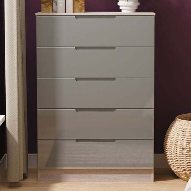 Crowndale Milan 5 Drawer Grey Gloss and Grey Oak Chest of Drawers Ready Assembled - Grey Gloss & Grey Oak - Wilko - image 1