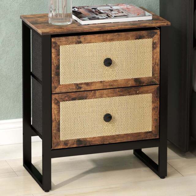 Portland 2 Drawer Rustic Brown Rattan Bedside Table - Wilko - image 1
