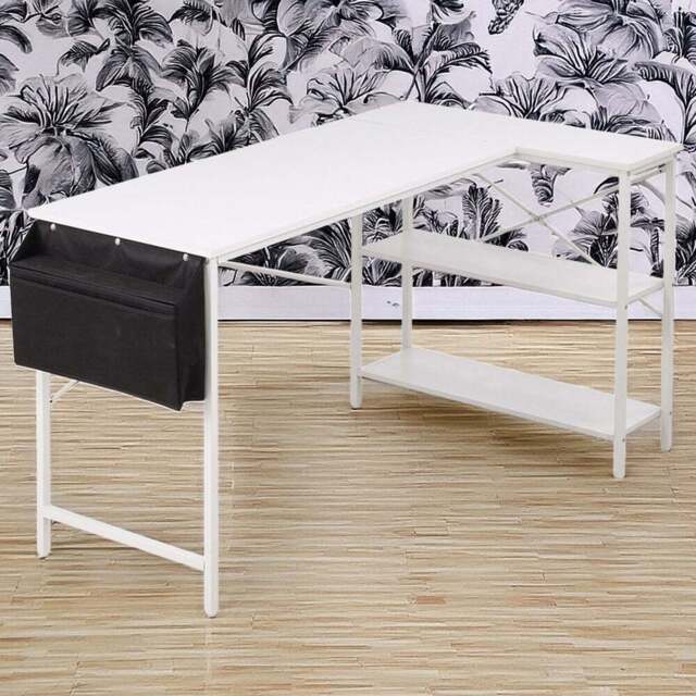 Living and Home 2 Shelf White L-Shaped Office Desk with Storage Bag - Size: 75 x 136 x 77cm - Cream - Wilko