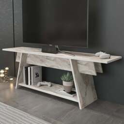 Decorotika Lanca Single Shelf White Marble Effect TV Unit - Size: 50 x 150 x 35cm - Cream - Wilko