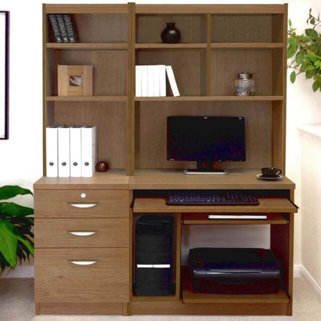 R White Cabinets 3 Drawer Set-17 Computer Desk with Bookcase and Printer Shelf Dark Brown - Size: 182.8 x 132.9 x 54cm - Wilko - image 1